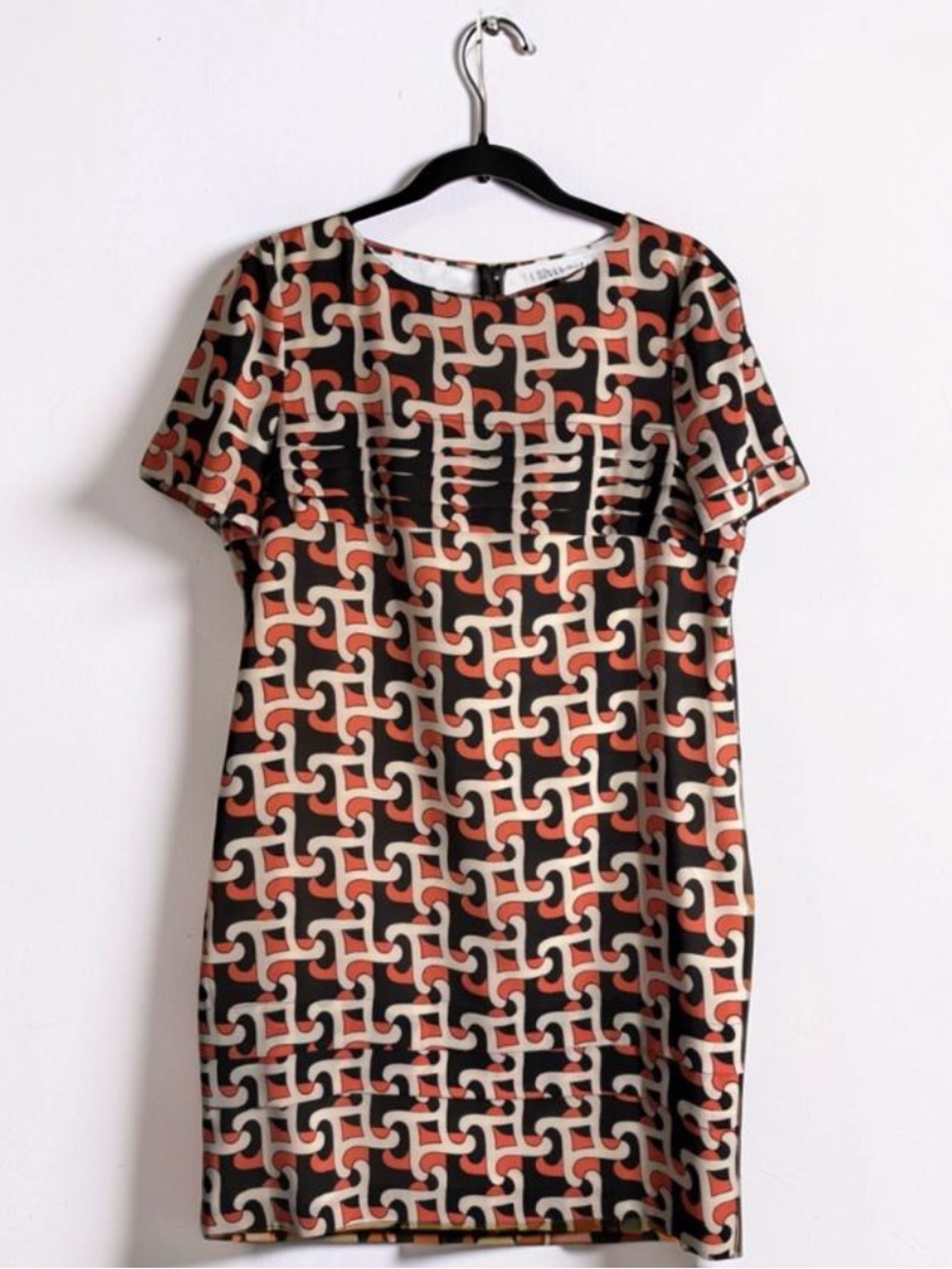 Geometric Print Shift Dress in Black, Orange & Cream with Pleats